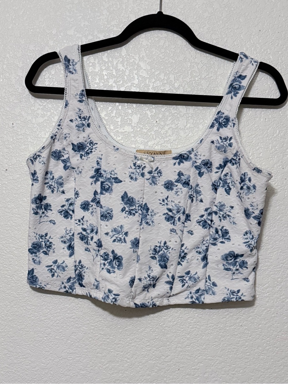 Shyanne White Crop Tank Top with Blue Floral Print 0177